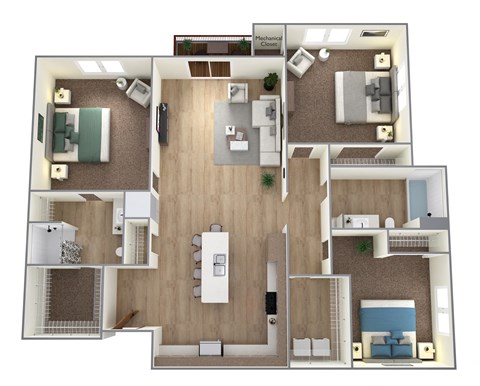 Floor plan for 3 beds, 2 baths, 1424 sqft